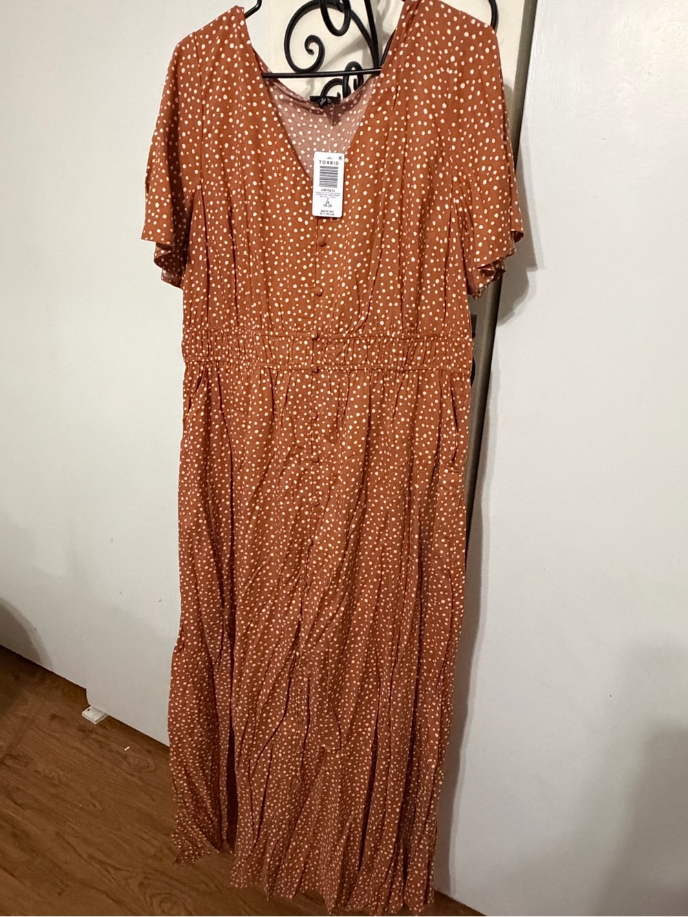 Rust Polka Dot Maxi Dress with V-Neck and Smocked Waist